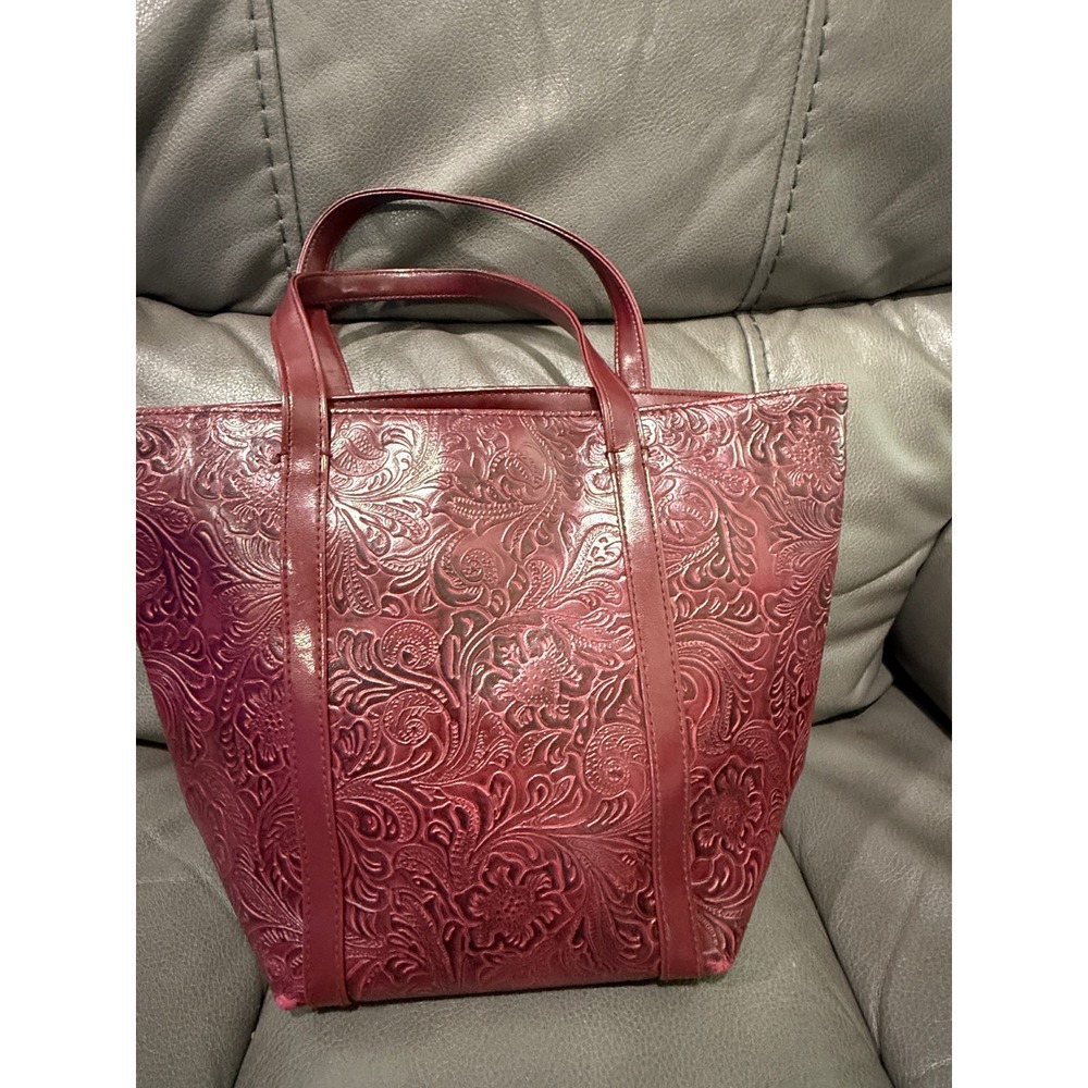 Victoria's Secret Burgundy Floral Embossed Faux Leather Tote Bag Wine Metallic